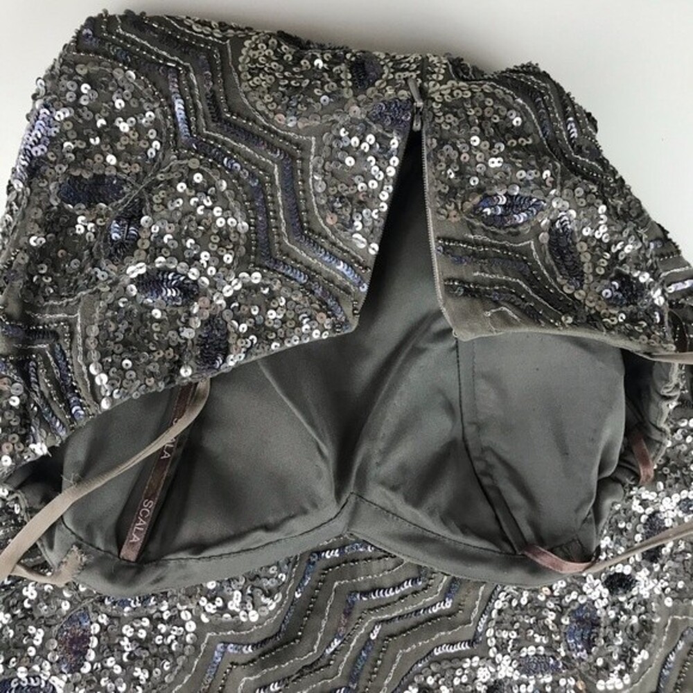 SCALA Sequin Beaded Embellished Chain Metallic Strapless Cocktail Prom Dress 0 - Picture 9 of 10